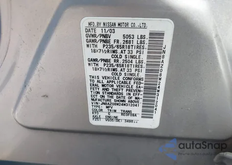 2004 Nissan Murano Sl from USA, damaged, VIN JN8AZ08W24W312041